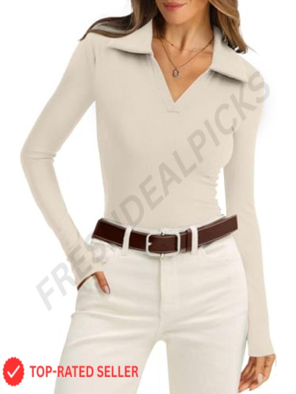 Womens Long Sleeve Polo Shirt V Neck Ribbed Knit Slim Fit Business Casual Top